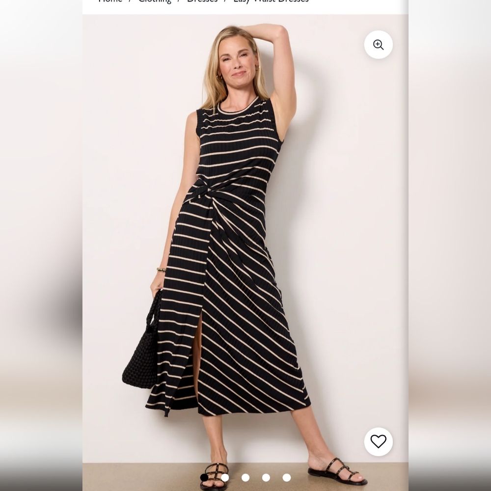 Evereve Black and Cream Striped Tie-Waist Sleeveless Midi Dress